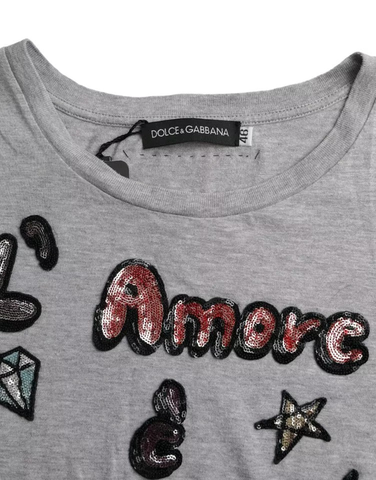 T-shirt gris en coton Dolce & Gabbana L'Amore E'Bellezza, vue de face, avec logo et design élégant.