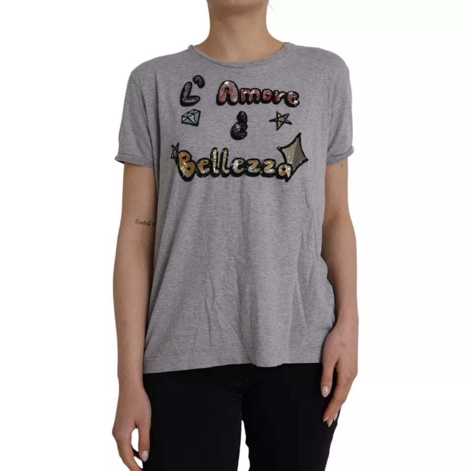 T-shirt gris Dolce & Gabbana L'Amore E'Bellezza en coton, vue de face, avec logo et design élégant.