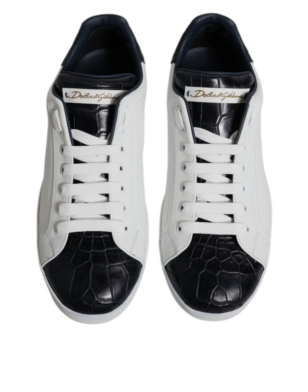 Chaussures sneakers Portofino en cuir blanc et noir de Dolce & Gabbana, vue de face, avec détails de style élégant.