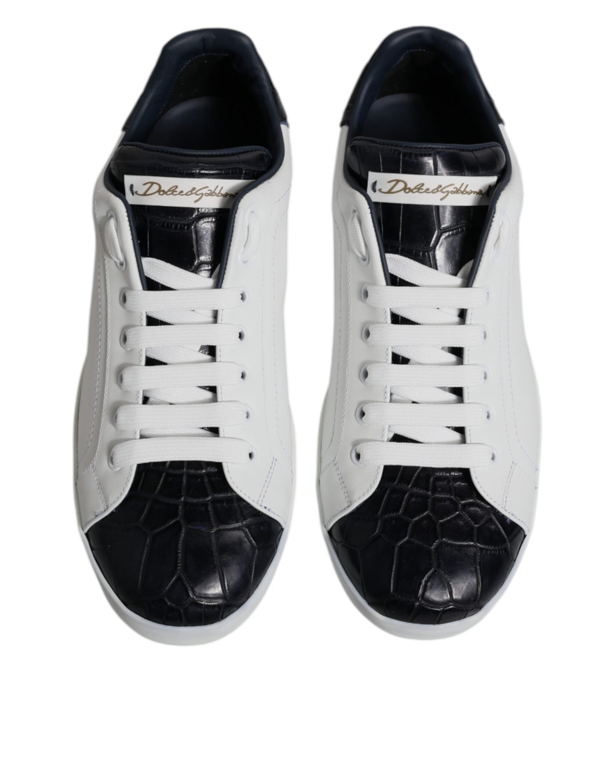 Chaussures sneakers Portofino en cuir blanc et noir de Dolce & Gabbana, vue de face, avec détails de style élégant.