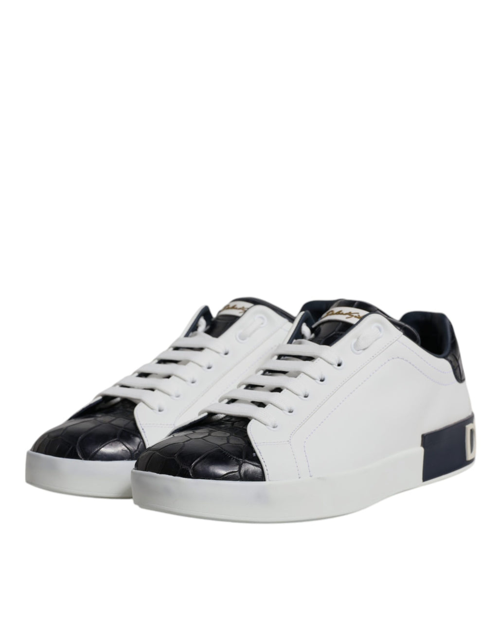 Chaussures sneakers Portofino en cuir blanc et noir de Dolce & Gabbana, vue de face.
