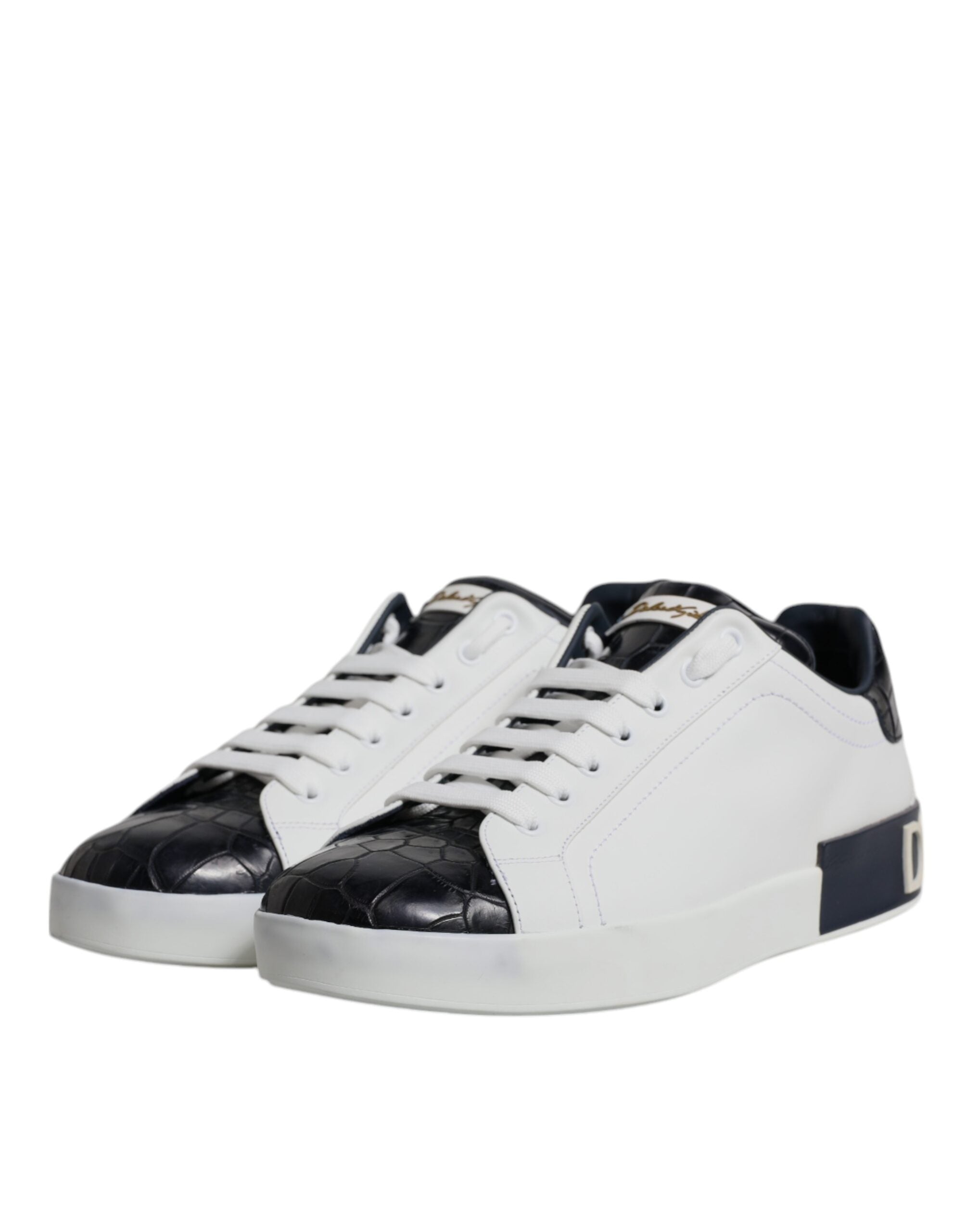 Chaussures sneakers Portofino en cuir blanc et noir de Dolce & Gabbana, vue de face.