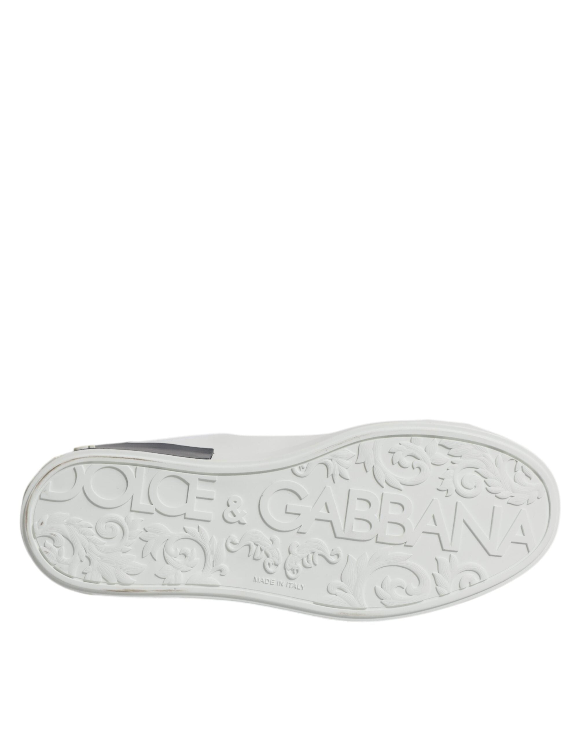 Chaussures sneakers Portofino en cuir blanc et noir de Dolce & Gabbana, vue de face avec détails de la semelle et des lacets