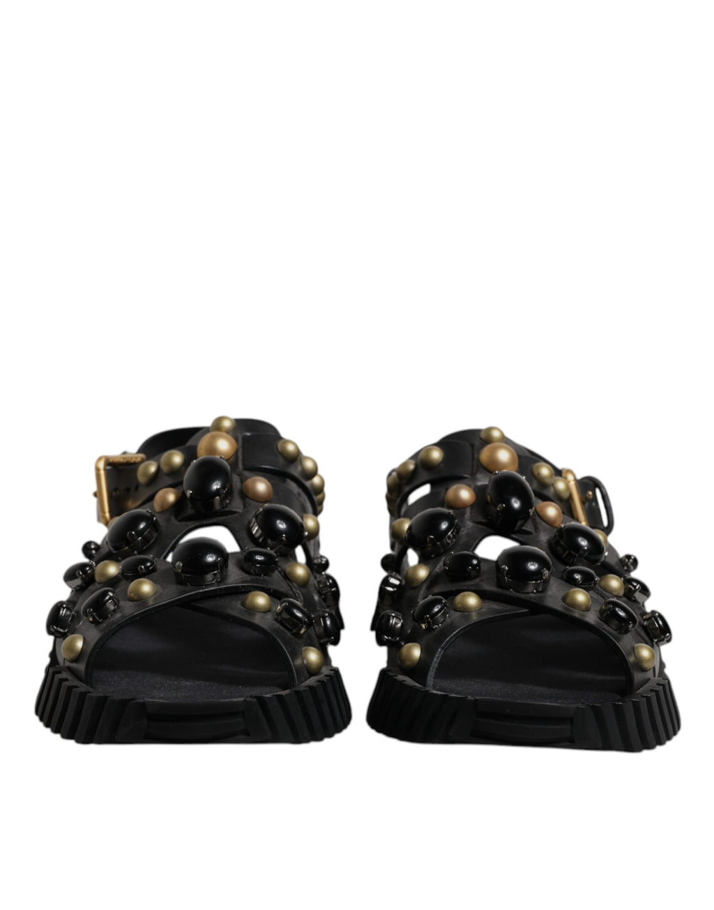 Sandales Dolce & Gabbana en cuir noir avec clous, chaussures à talon bas et style élégant.