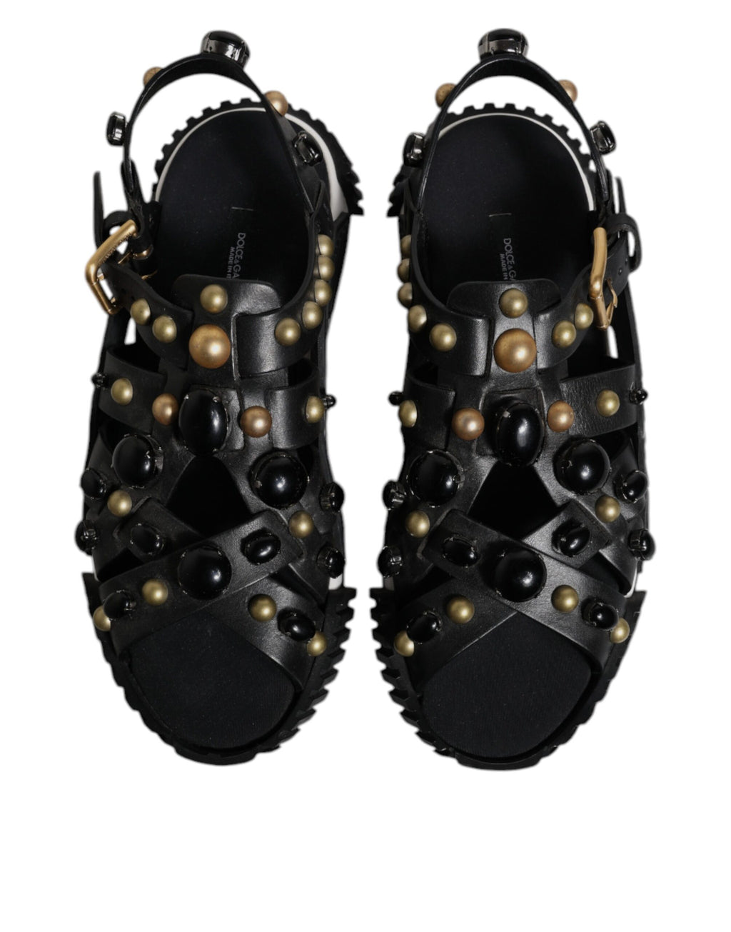 Sandales Dolce & Gabbana en cuir noir avec clous, sandales à glissière élégantes et tendance.