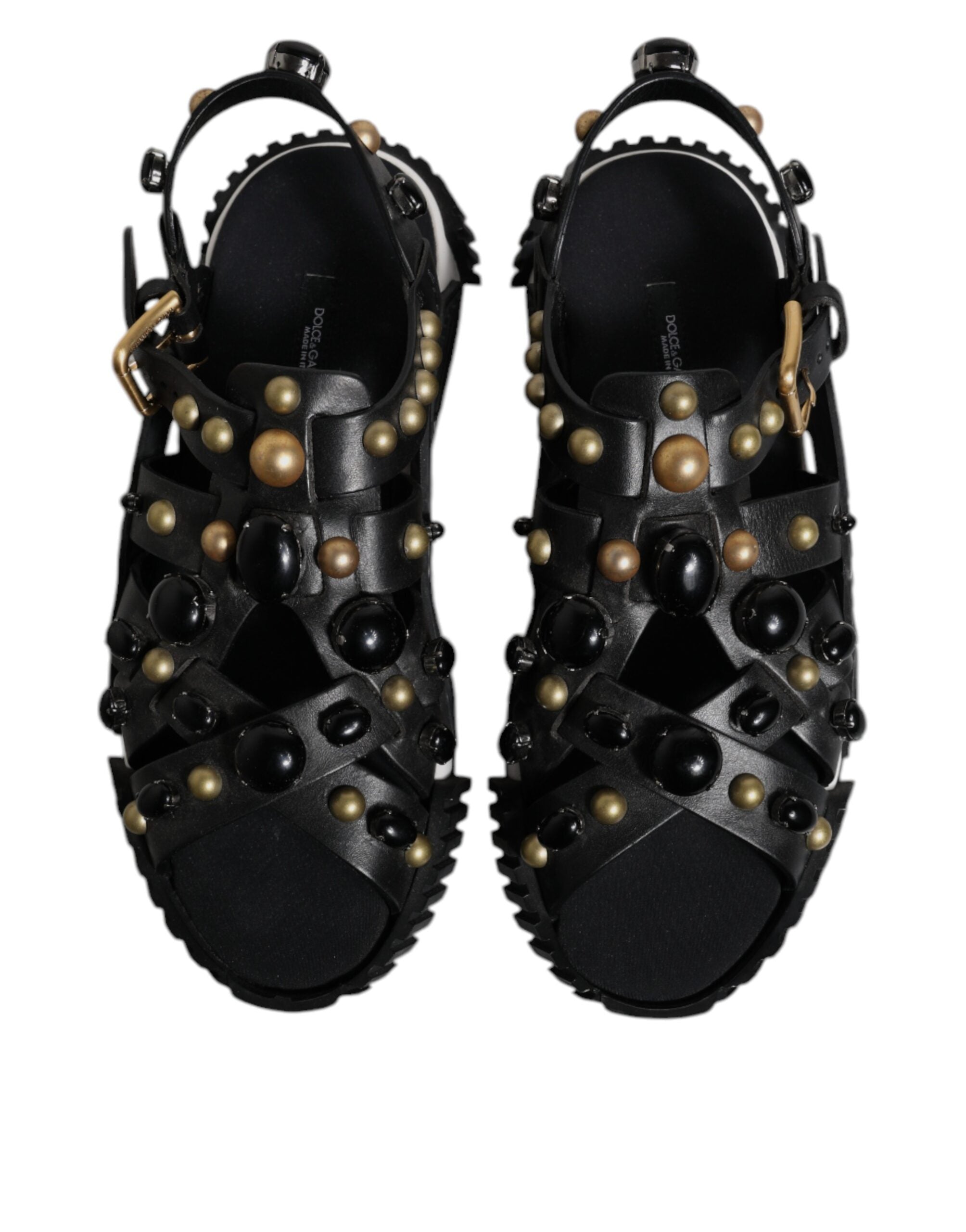 Sandales Dolce & Gabbana en cuir noir avec clous, sandales à glissière élégantes et tendance.