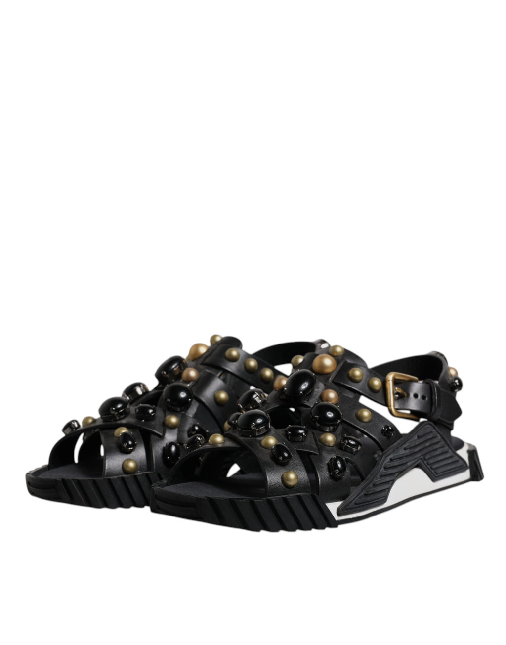 Sandales Dolce & Gabbana en cuir noir avec studs, chaussures à talon plat pour femme.