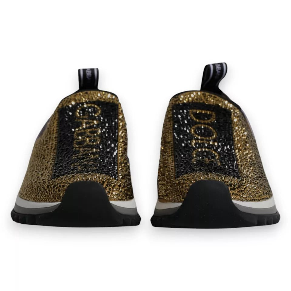 Chaussures sneakers Dolce & Gabbana Sorrento avec strass dorés et détails brillants, vue de face sur fond blanc.