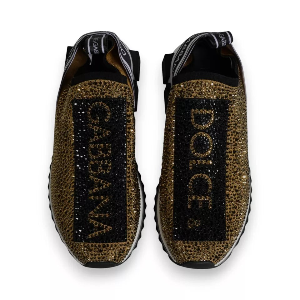 Chaussures sneakers Dolce & Gabbana Sorrento avec strass dorés et détails en or, vue de face sur fond blanc.