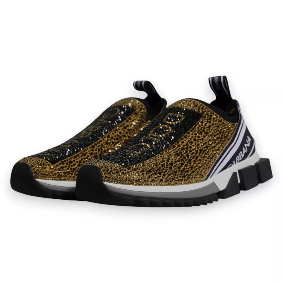 Chaussures sneakers Dolce & Gabbana Sorrento ornées de strass dorés et de rhinestones, vue de face.