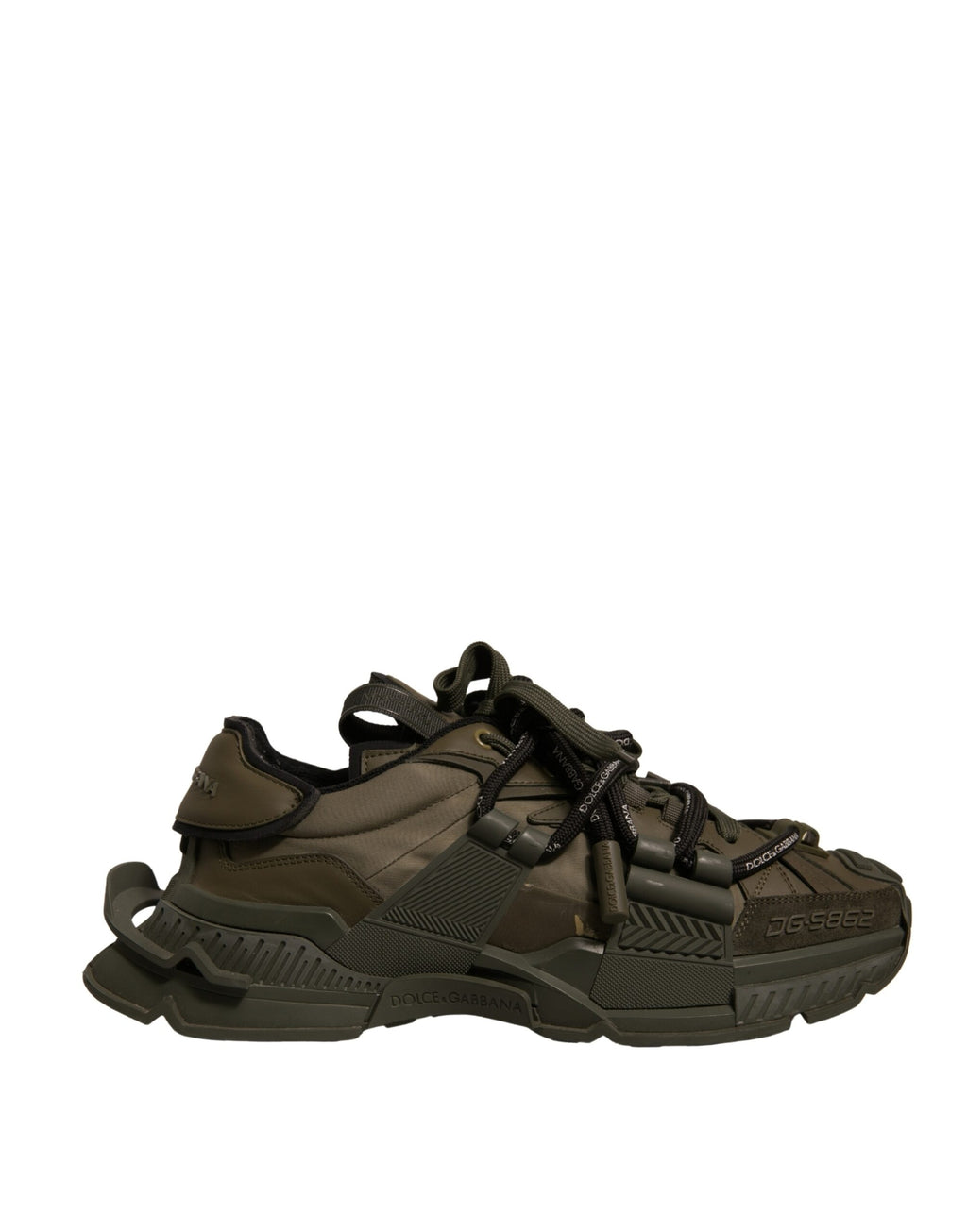 Chaussures sneakers basses Dolce & Gabbana vert militaire, style spatial et tendance, en toile avec détails modernes.
