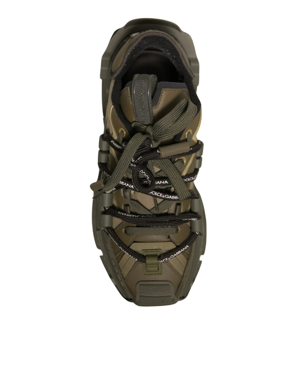 Chaussures sneakers basses Dolce & Gabbana vert militaire, style space, en toile avec lacets, vue de face.