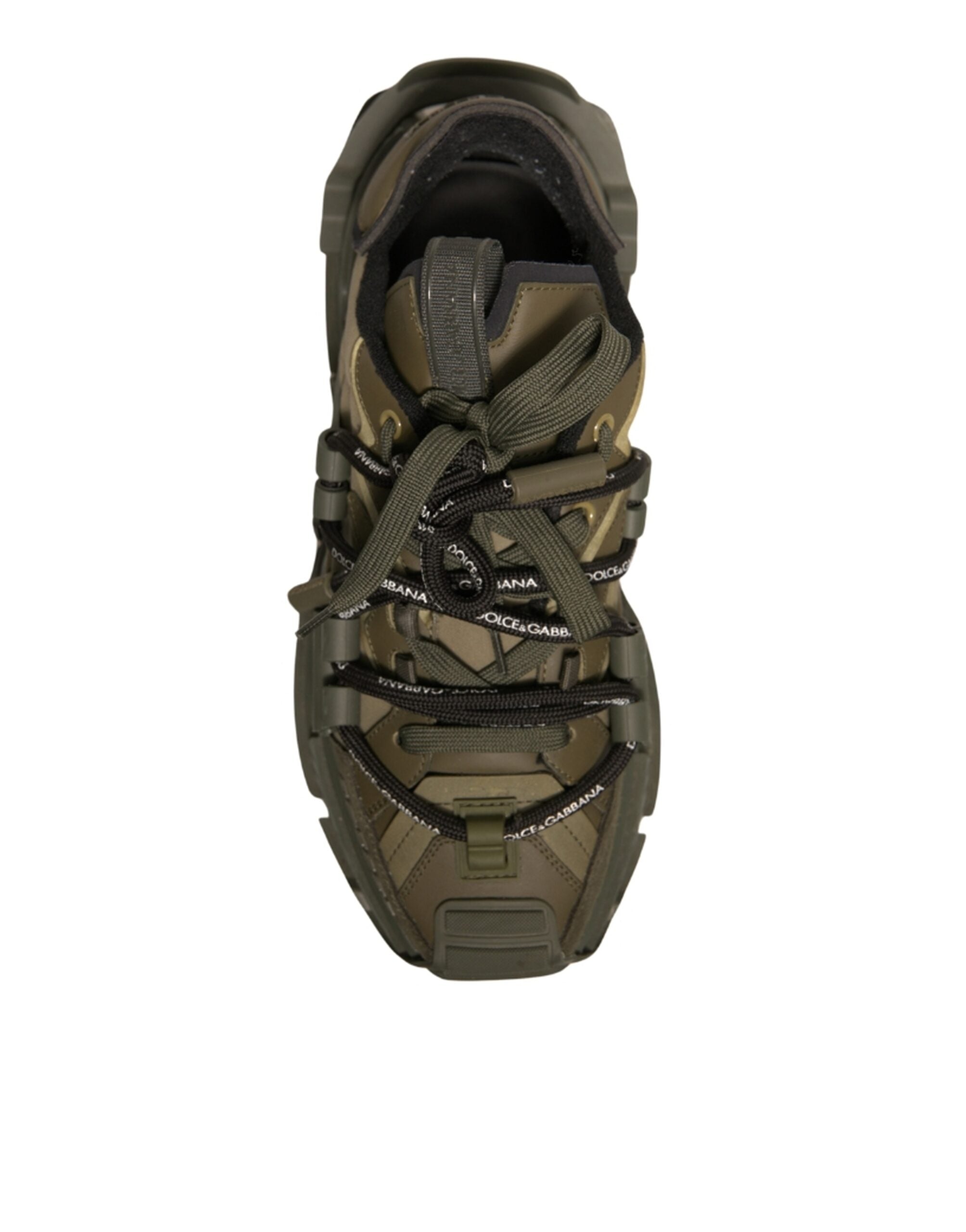 Chaussures sneakers basses Dolce & Gabbana vert militaire, style space, en toile avec lacets, vue de face.