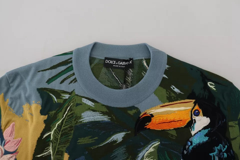 Pull à manches longues Dolce & Gabbana Jungle en laine et soie avec logo, visible sur le modèle.