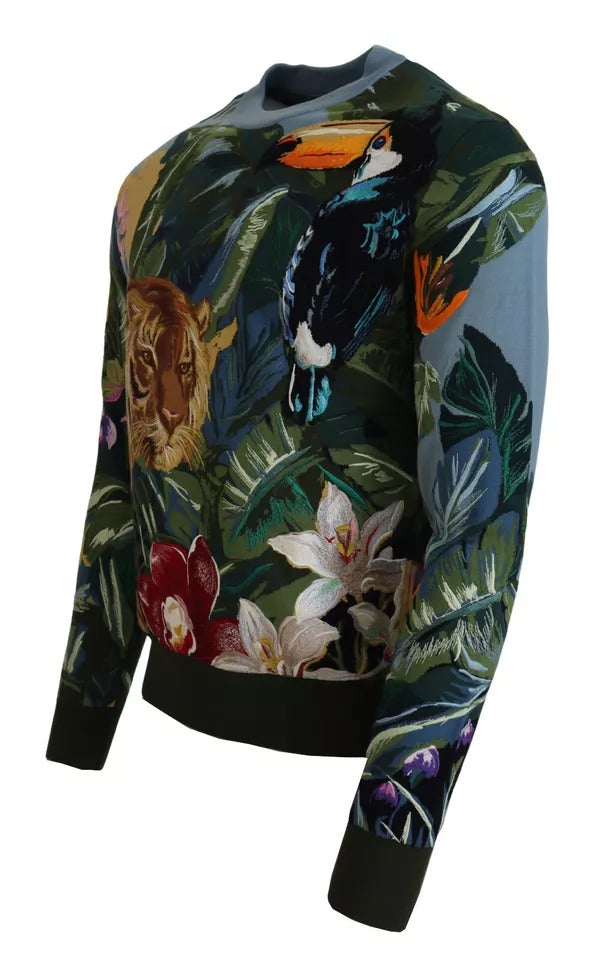 Pull en laine et soie Dolce & Gabbana Jungle avec logo, vue de face, détail du tissu et du design.