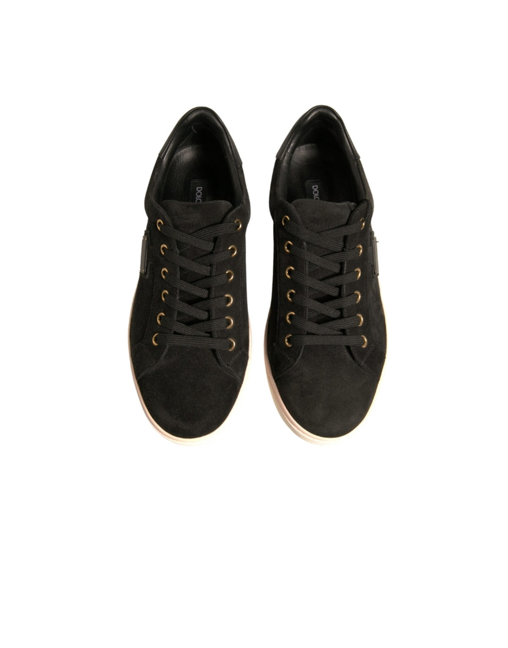Chaussures sport en daim noir Dolce & Gabbana avec logo, baskets pour hommes, vue de côté sur fond blanc.