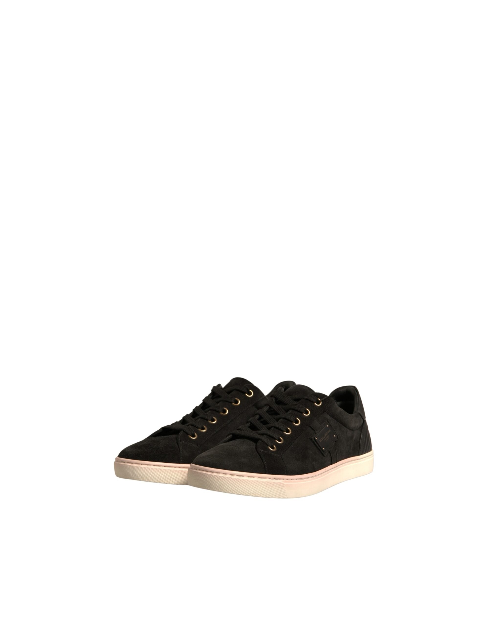 Chaussures sneakers pour hommes Dolce & Gabbana en cuir suédé noir avec logo, vue de face visible dans l'image.