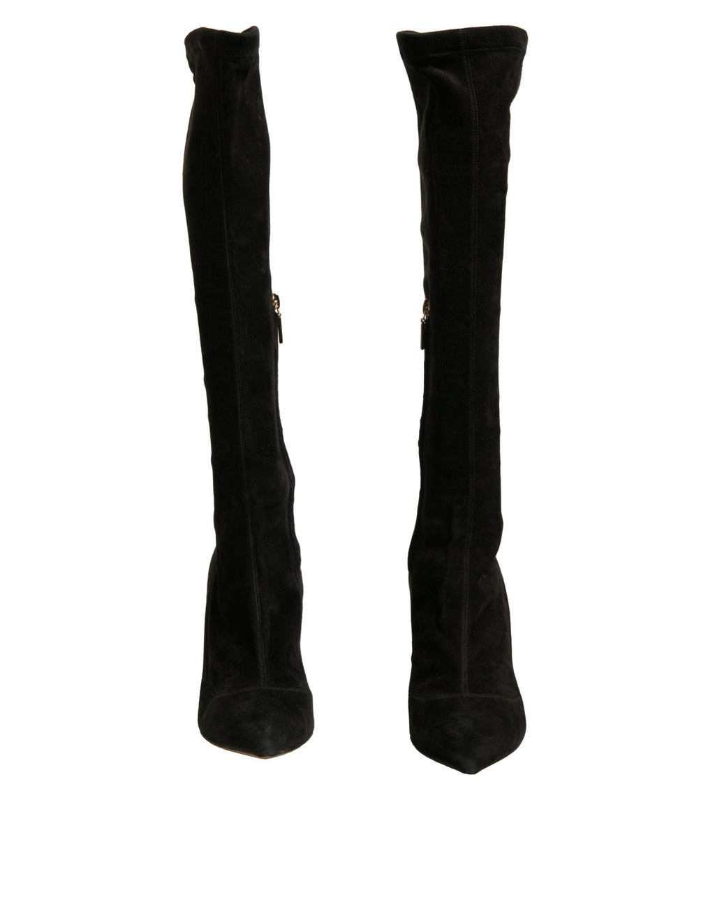 Bottes noires en daim Dolce & Gabbana, cuissardes à talons stilettos, élégantes et sophistiquées, visibles en gros plan.