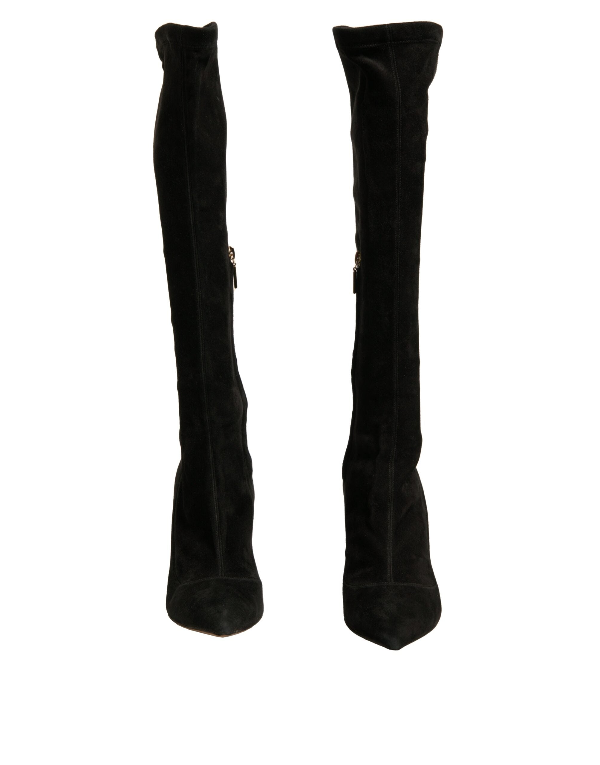 Bottes noires en daim Dolce & Gabbana, cuissardes à talons stilettos, élégantes et sophistiquées, visibles en gros plan.