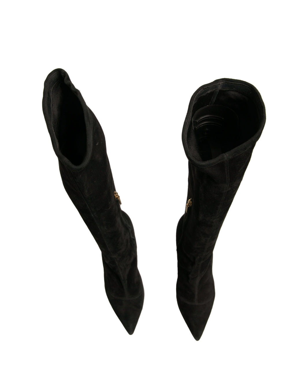 Bottes noires en daim à talon aigu Dolce & Gabbana, hautes jusqu'au genou, style élégant et sophistiqué.