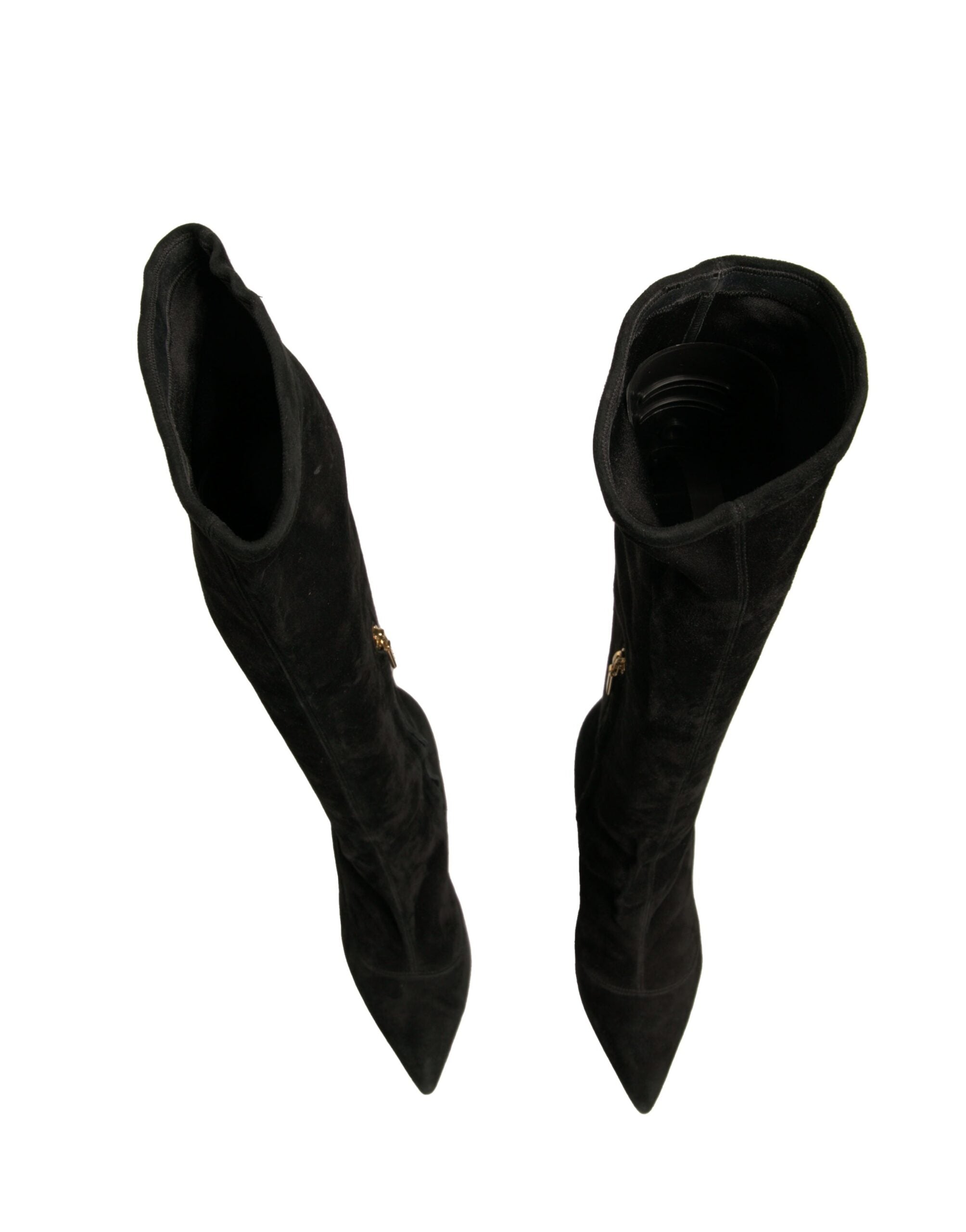 Bottes noires en daim à talon aigu Dolce & Gabbana, hautes jusqu'au genou, style élégant et sophistiqué.