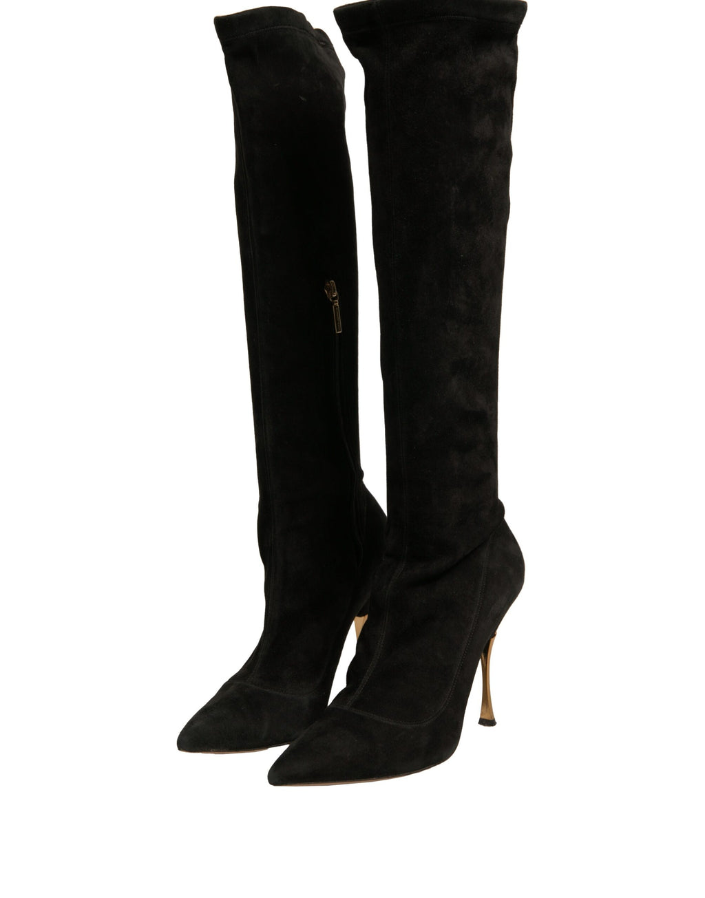 Bottes noires en daim Dolce & Gabbana, cuissardes à talons stilettos, élégantes et sophistiquées, visibles en gros plan.