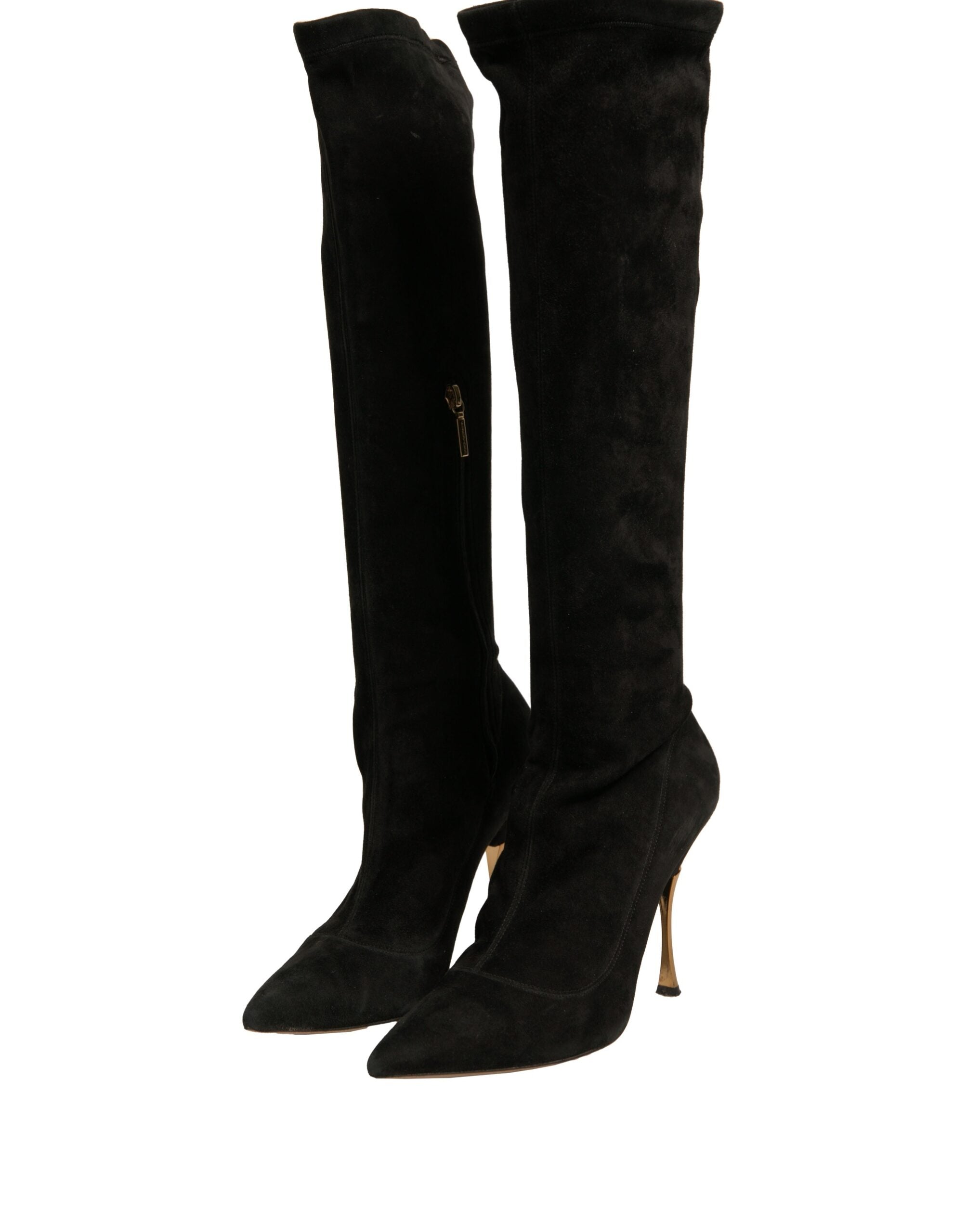 Bottes noires en daim Dolce & Gabbana, cuissardes à talons stilettos, élégantes et sophistiquées, visibles en gros plan.