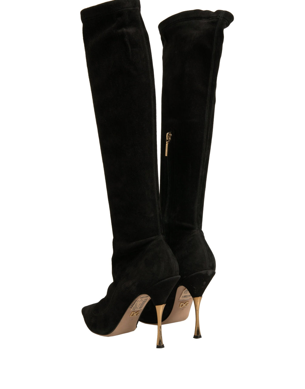 Bottes en daim noir Dolce & Gabbana, cuissardes à talons stilettos élégants et sophistiqués, vues de face.