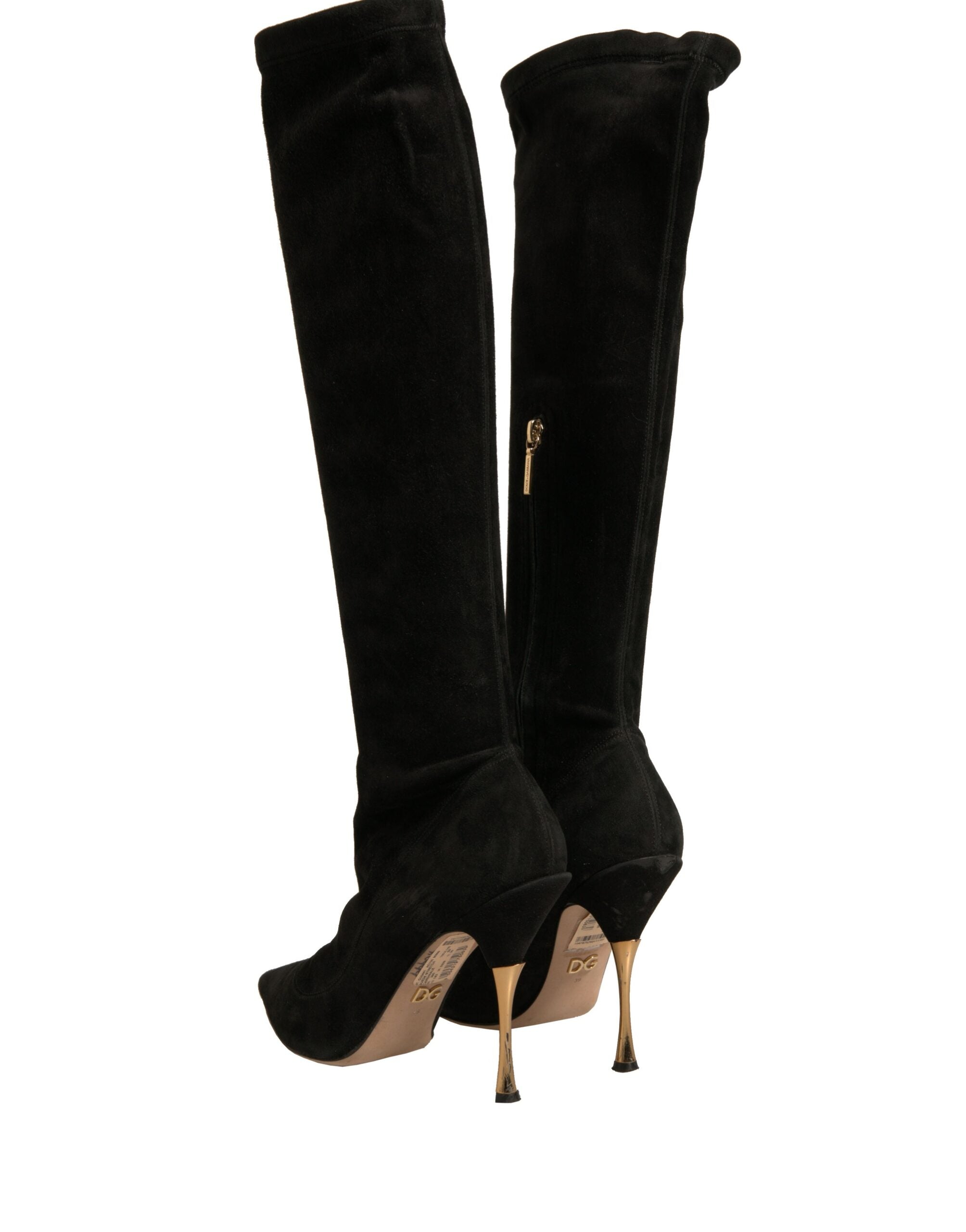 Bottes en daim noir Dolce & Gabbana, cuissardes à talons stilettos élégants et sophistiqués, vues de face.