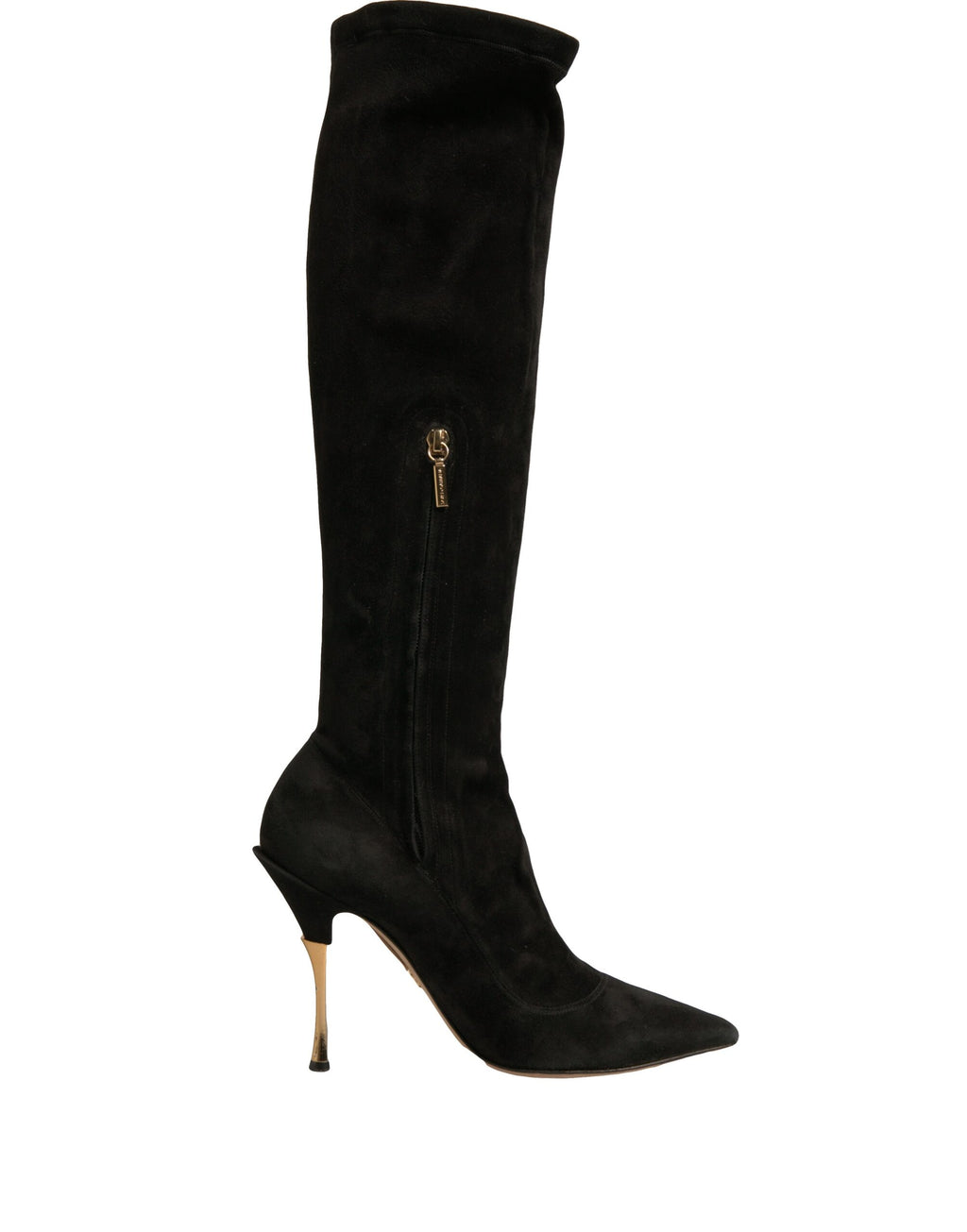 Bottes en daim noir Dolce & Gabbana, cuissardes à talons aiguilles, élégantes et sophistiquées, visibles en gros plan.