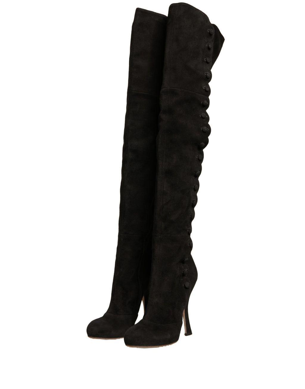 Chaussures à talons en daim noir Dolce & Gabbana, bottines hautes jusqu'aux genoux, élégantes et sophistiquées.