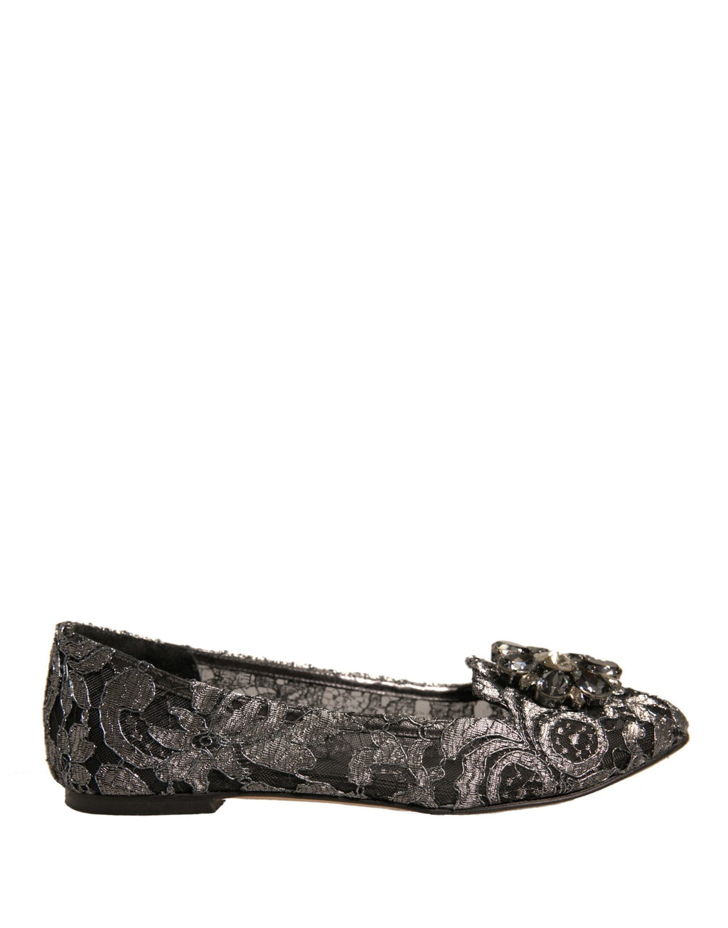 Chaussures ballerines en satin argenté Dolce & Gabbana avec lacets et cristaux, chaussures plates élégantes pour femme.