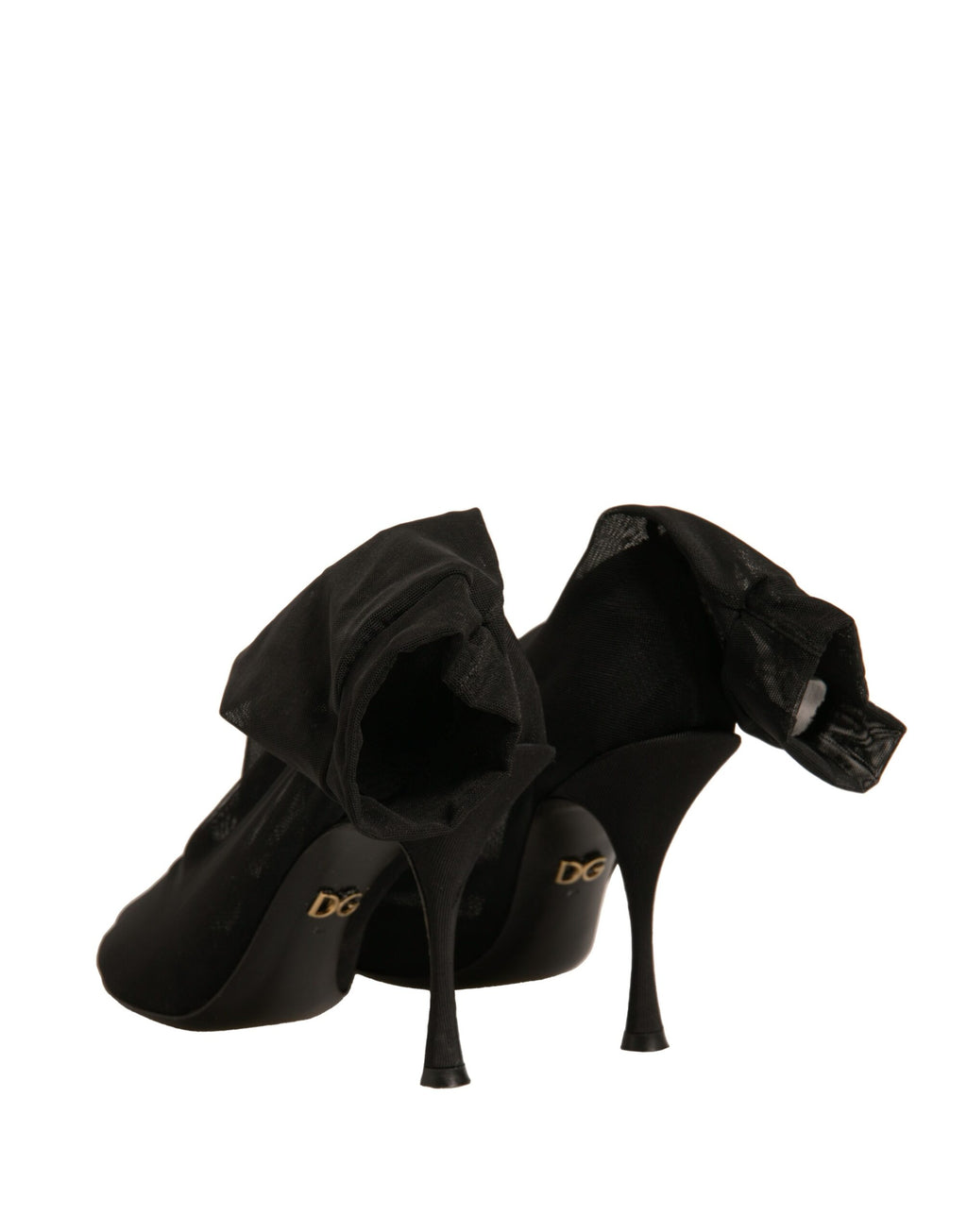 Chaussures Dolce & Gabbana en soie noire avec talons en maille, style bottines élégantes à talons hauts.