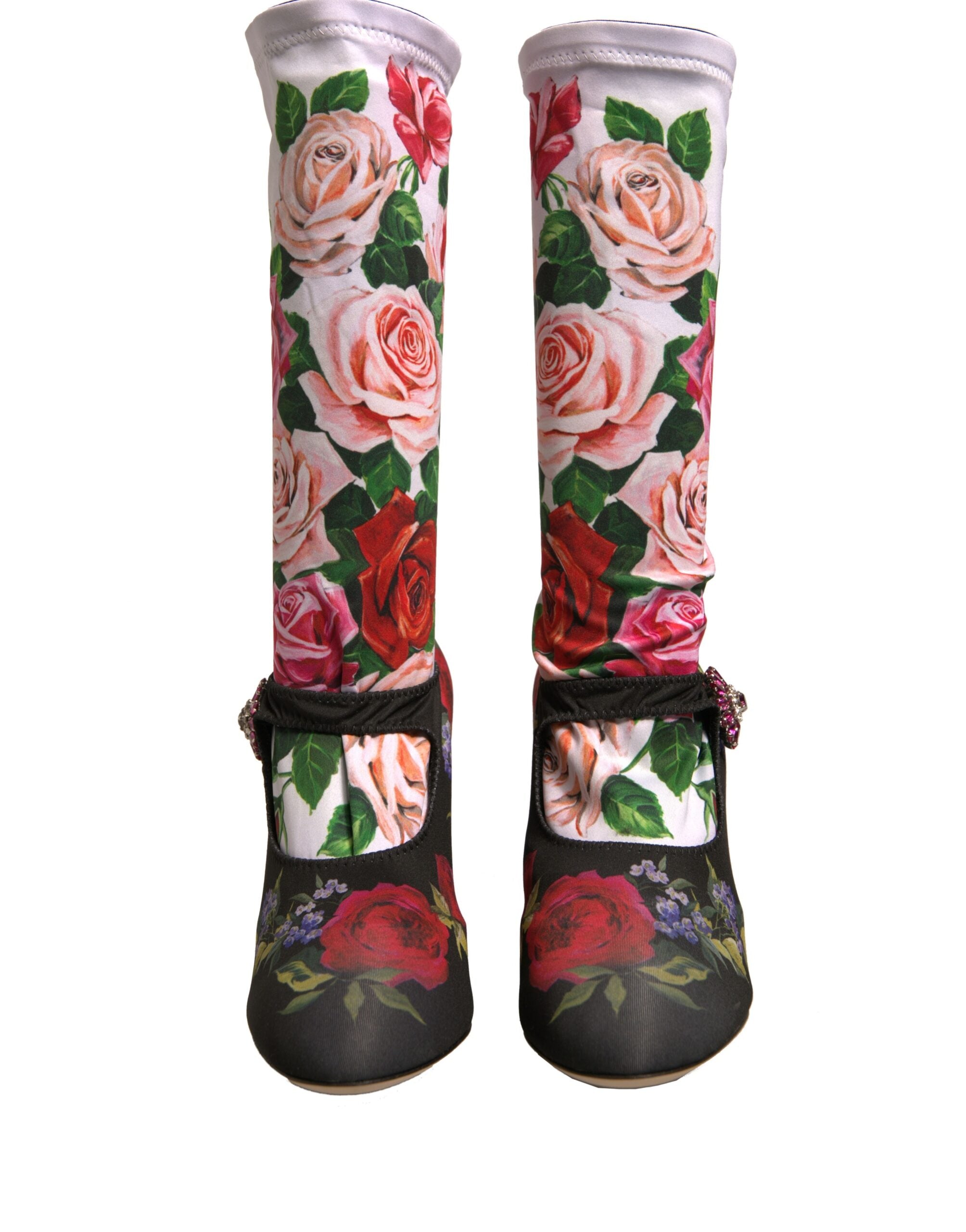 Chaussettes noires à fleurs Dolce & Gabbana avec cristaux, portant des chaussures en jersey élégantes et sophistiquées.