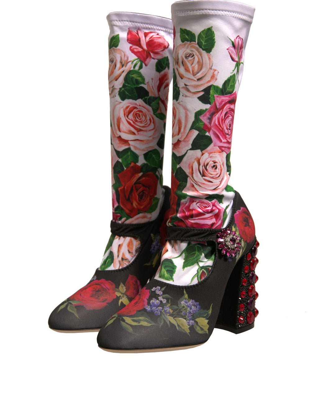 Chaussettes noires à fleurs Dolce & Gabbana avec cristaux, portées avec des chaussures en jersey sophistiquées.