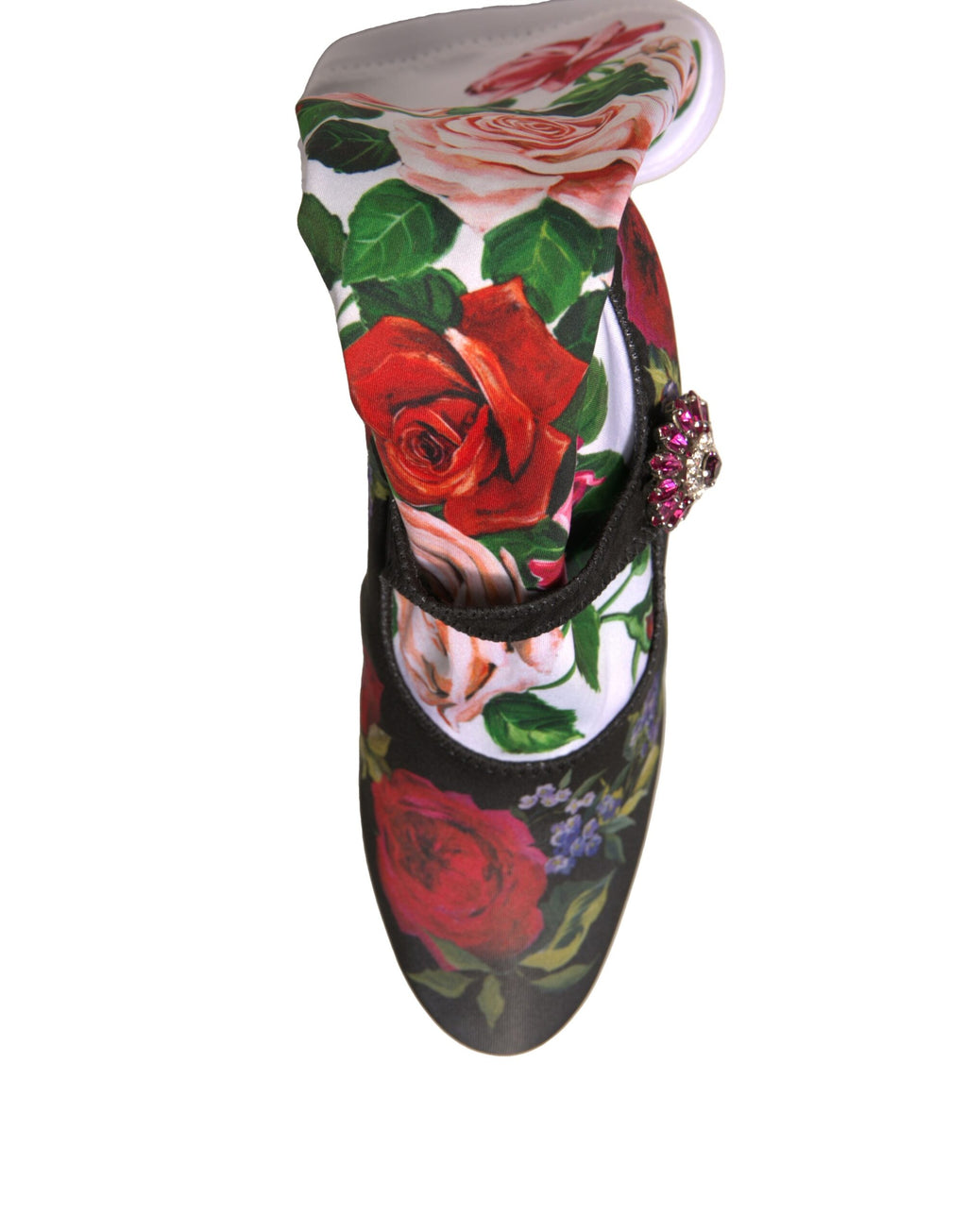 Chaussettes florales noires Dolce & Gabbana avec cristaux, chaussures en jersey élégantes, style sophistiqué et tendance.