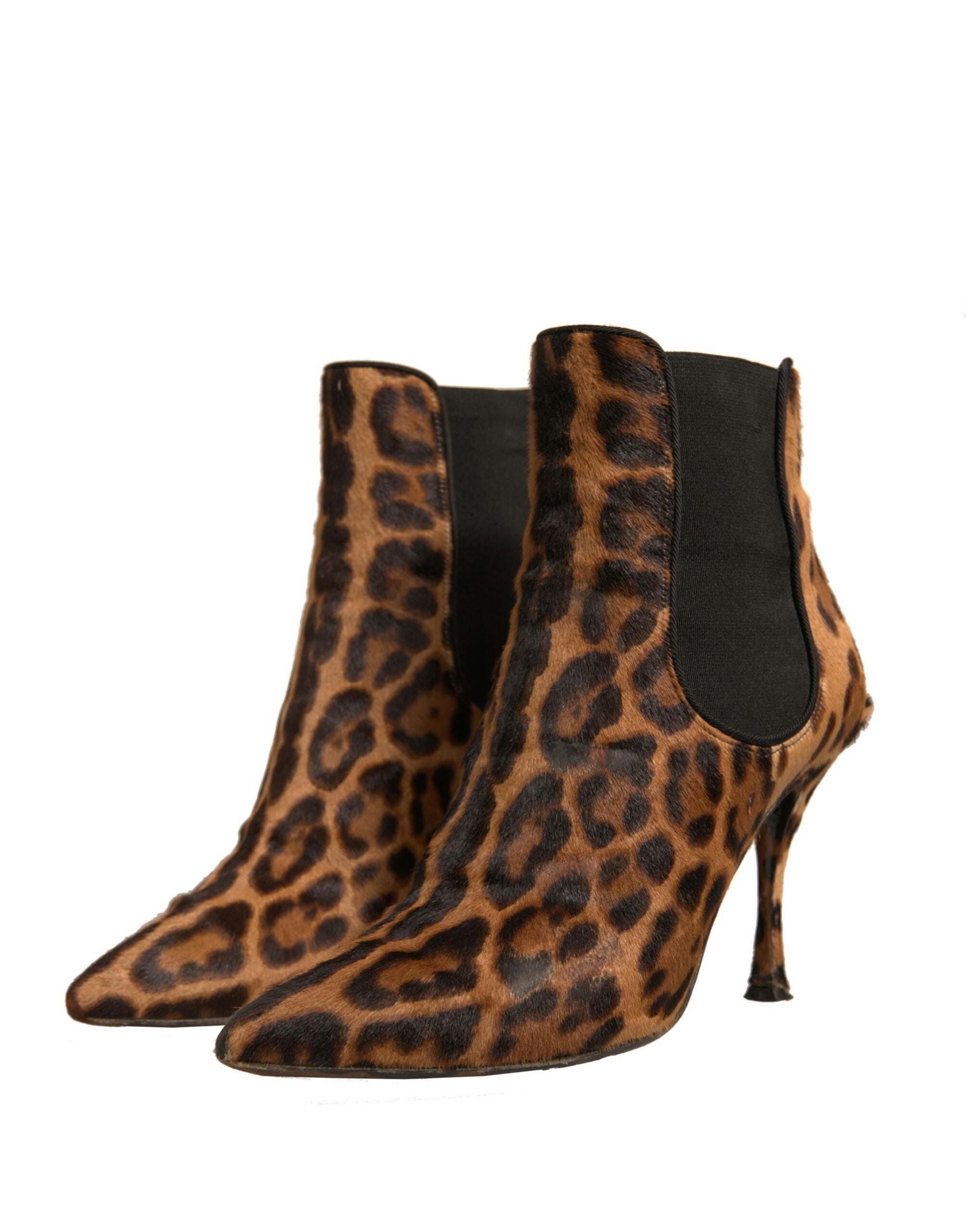 Chaussures à talons Dolce & Gabbana en cuir marron avec motif léopard, bottines élégantes et ajustées.