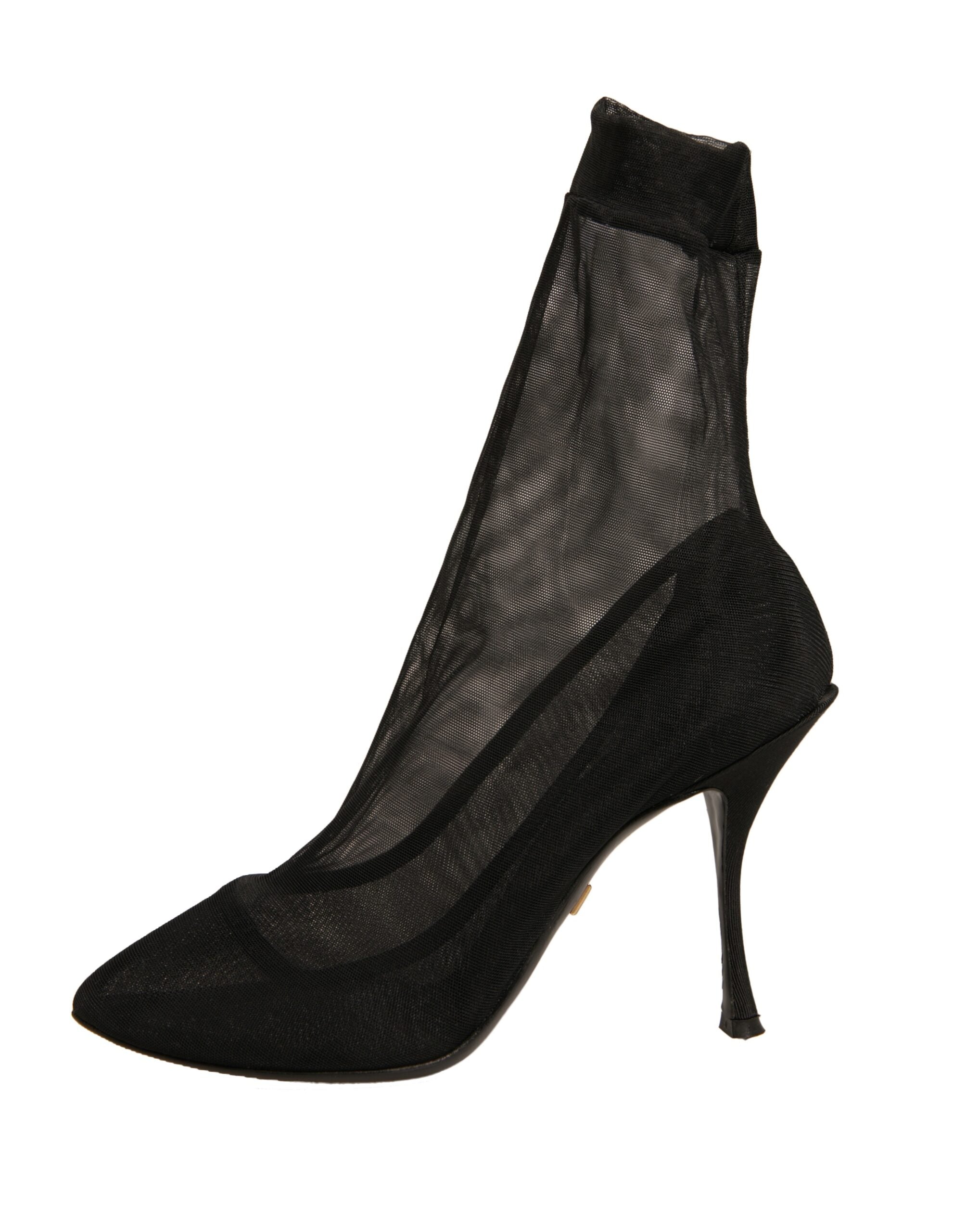 Chaussures Dolce & Gabbana en soie noire avec talons en résille, style bottines élégantes, vue de face.