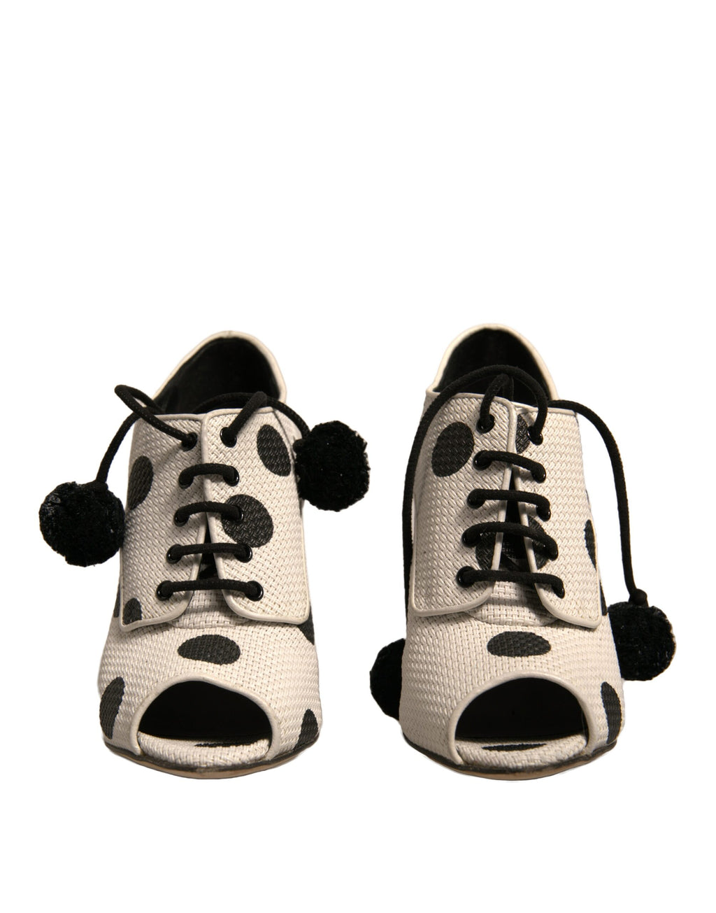 Chaussures à talons ouverts Dolce & Gabbana blanches et noires à pois, bottines à enfiler élégantes avec semelles en cuir.