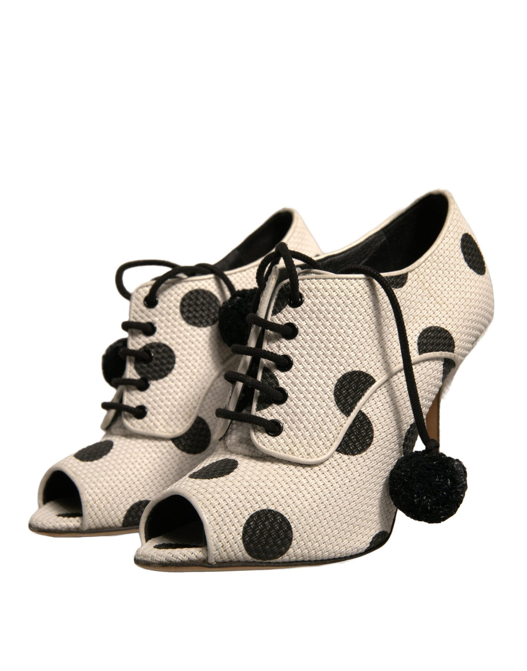 Chaussures Dolce & Gabbana à talons ouverts en blanc et noir à pois pour femmes, bottines à enfiler avec semelle élégante.