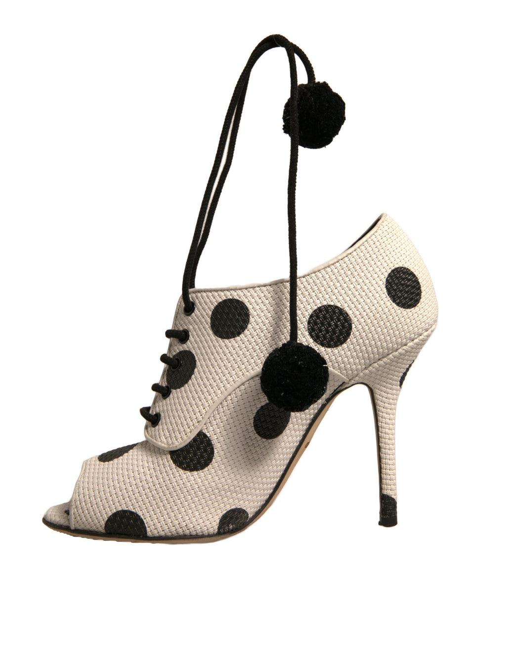 Chaussures Dolce & Gabbana bottines à talons ouverts blanches et noires à pois, style peep toe, vue de face.