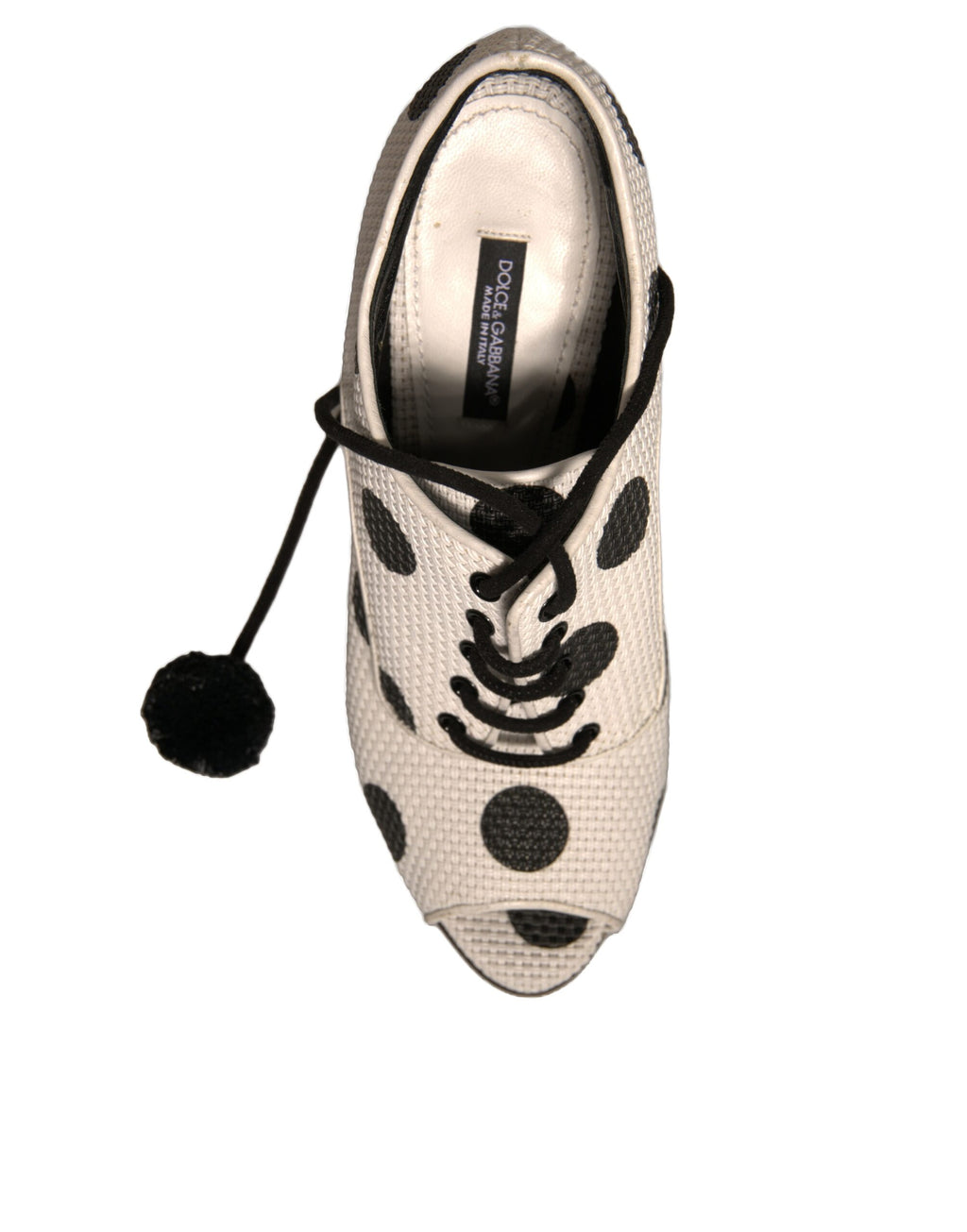 Chaussures Dolce & Gabbana à talons ouverts, blanc et noir à pois, bottines ankle avec embouts ouverts, style élégant et tendance.