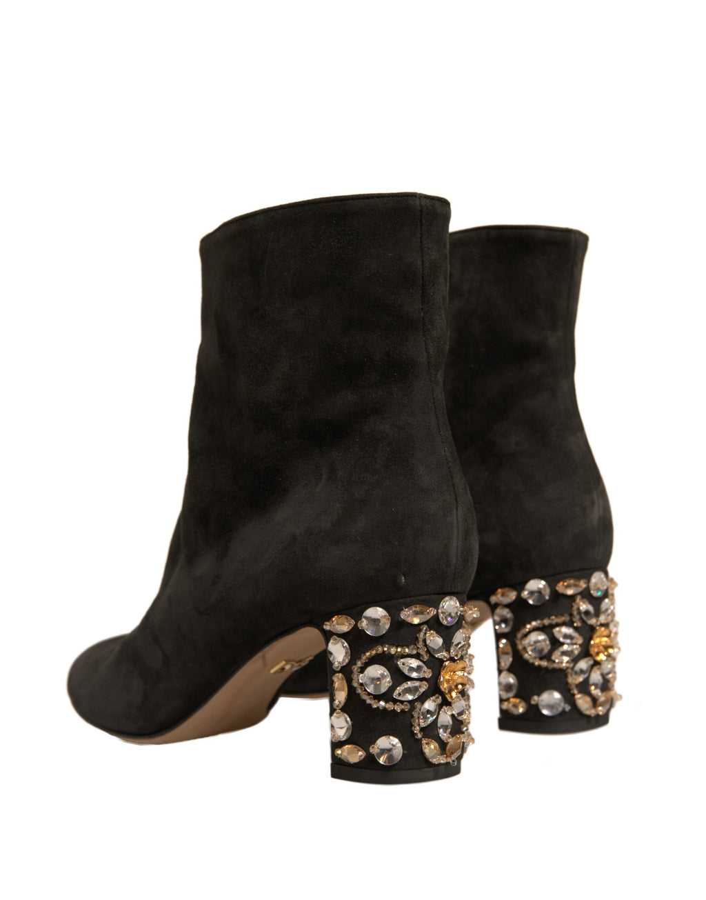 Bottes à talons noires Dolce & Gabbana avec embellissements, chevilles, chaussures élégantes en cuir sophistiquées.