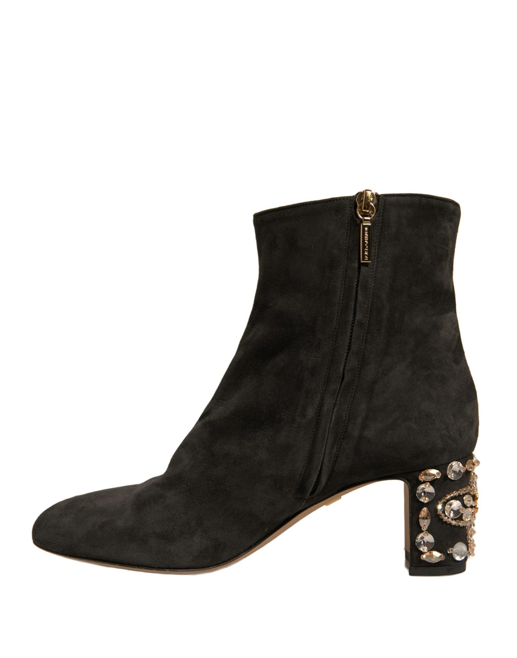 Bottines noires Dolce & Gabbana à talons ornés de détails scintillants et embellissements, en cuir avec fermeture à la cheville.