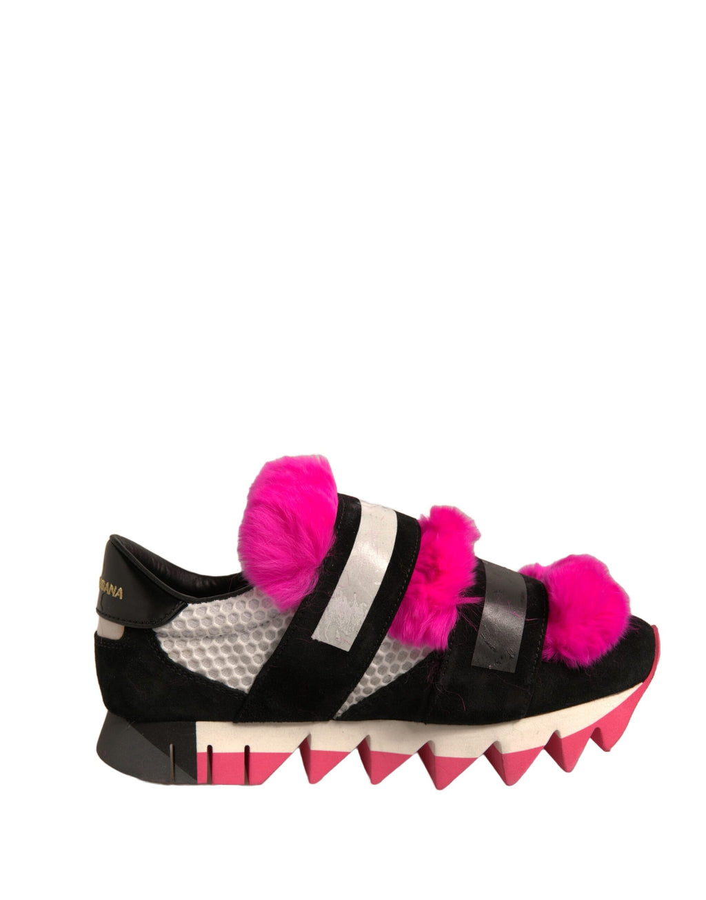 Chaussures sneakers Dolce & Gabbana noires avec détails en fourrure rose et embellissements, mode élégante et tendance.