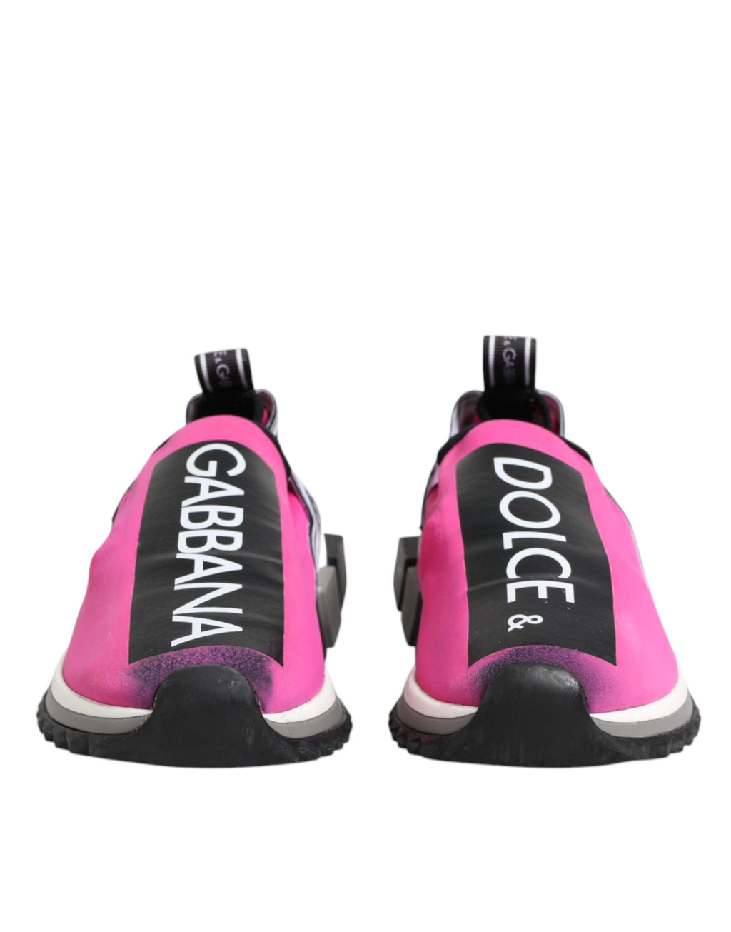 Chaussures sneakers Dolce & Gabbana Sorrento blanches et fuchsia, slip-on, vues de côté, pour femme.