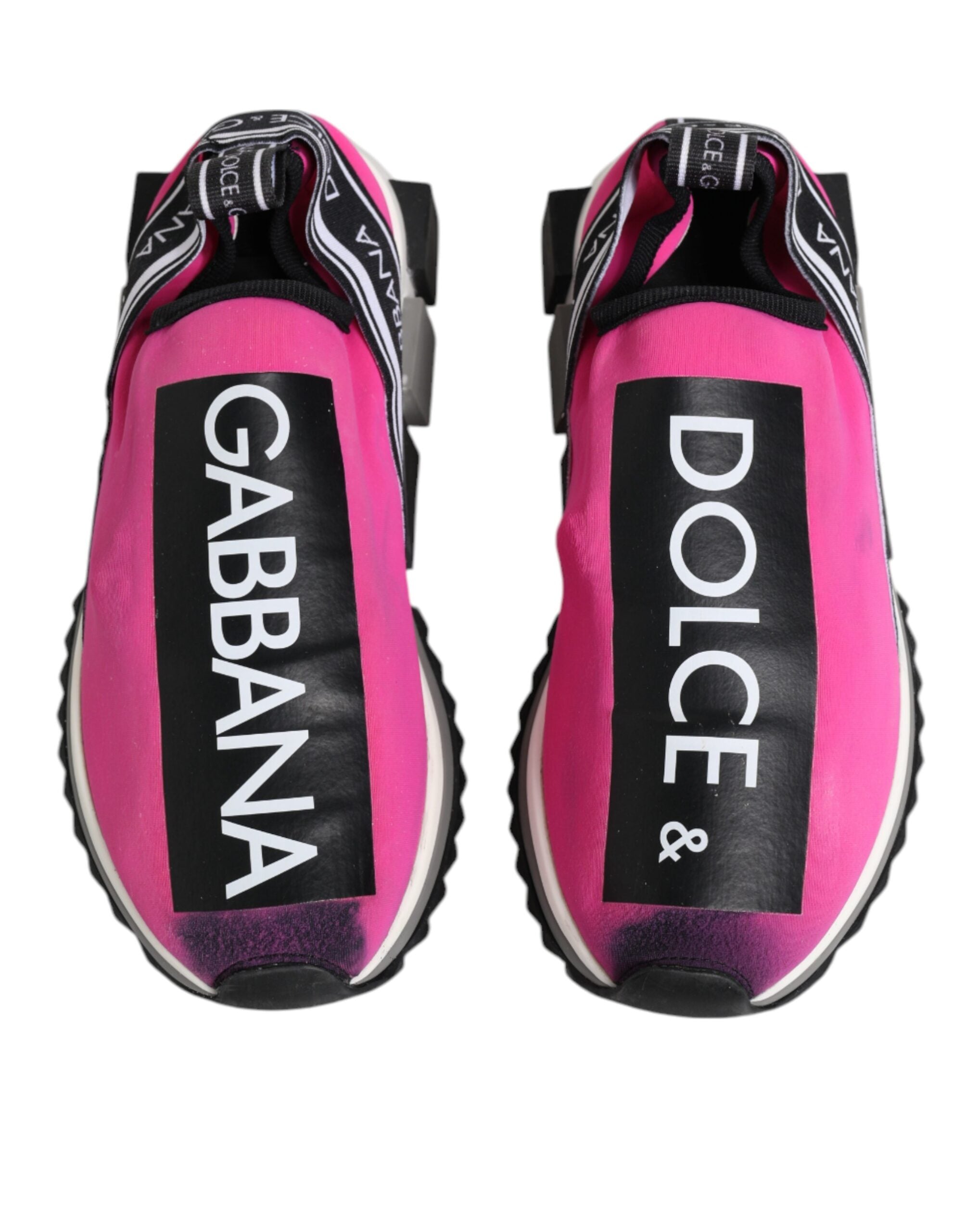 Chaussures sneakers Dolce & Gabbana Sorrento blanches et fuchsia, slip-on, vue de face, mode décontractée.
