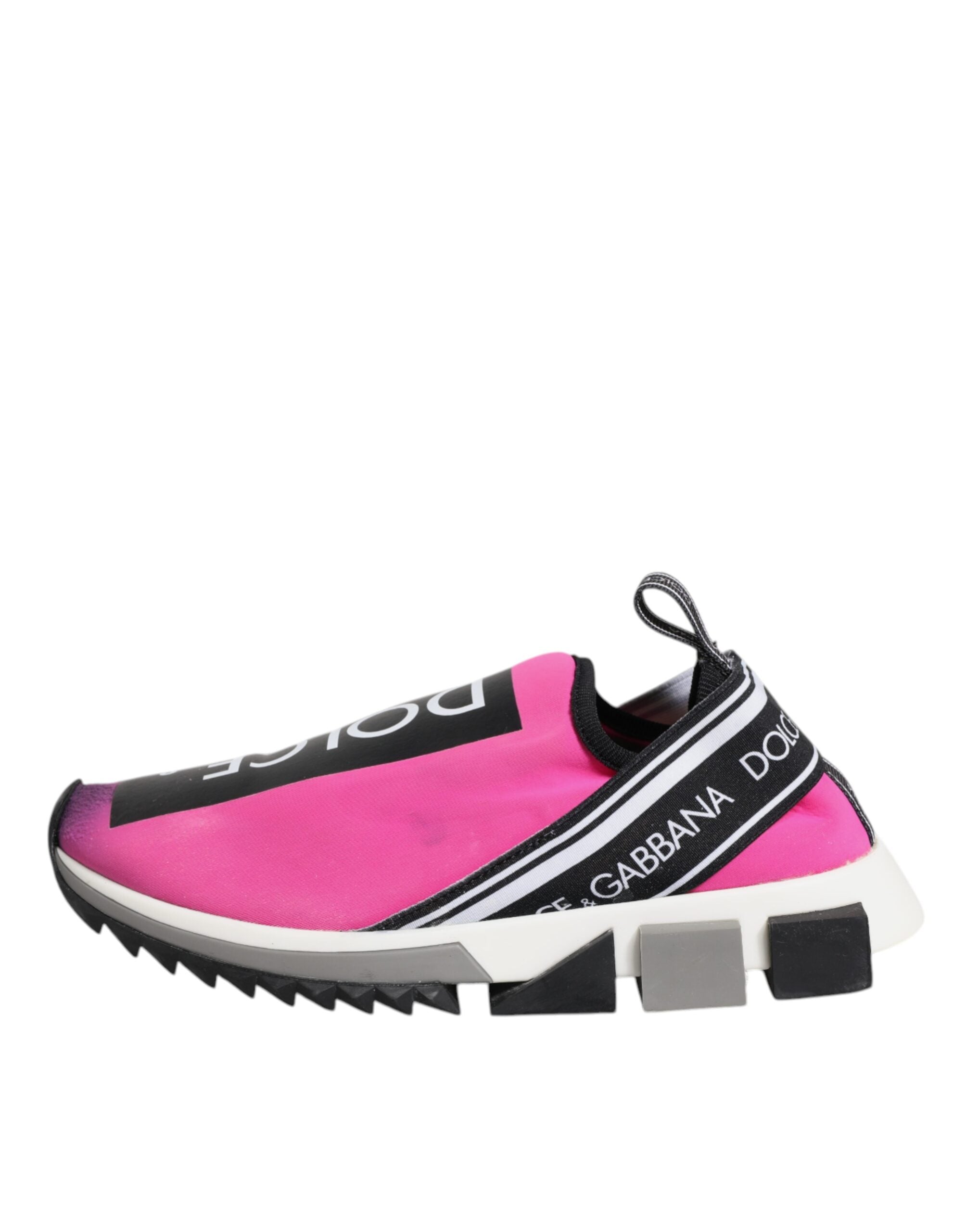 Chaussures sneakers Dolce & Gabbana Sorrento blanches et fuchsia, slip-on, pour femme, vue de face.