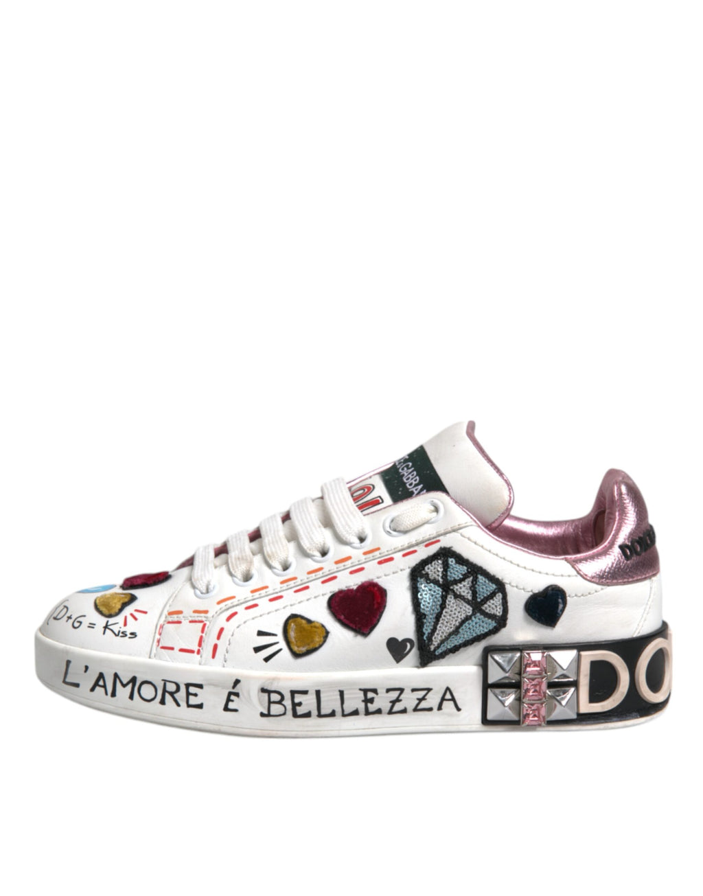 Chaussures sneakers basses blanches Dolce & Gabbana avec sequins et cristaux, style élégant et brillant.