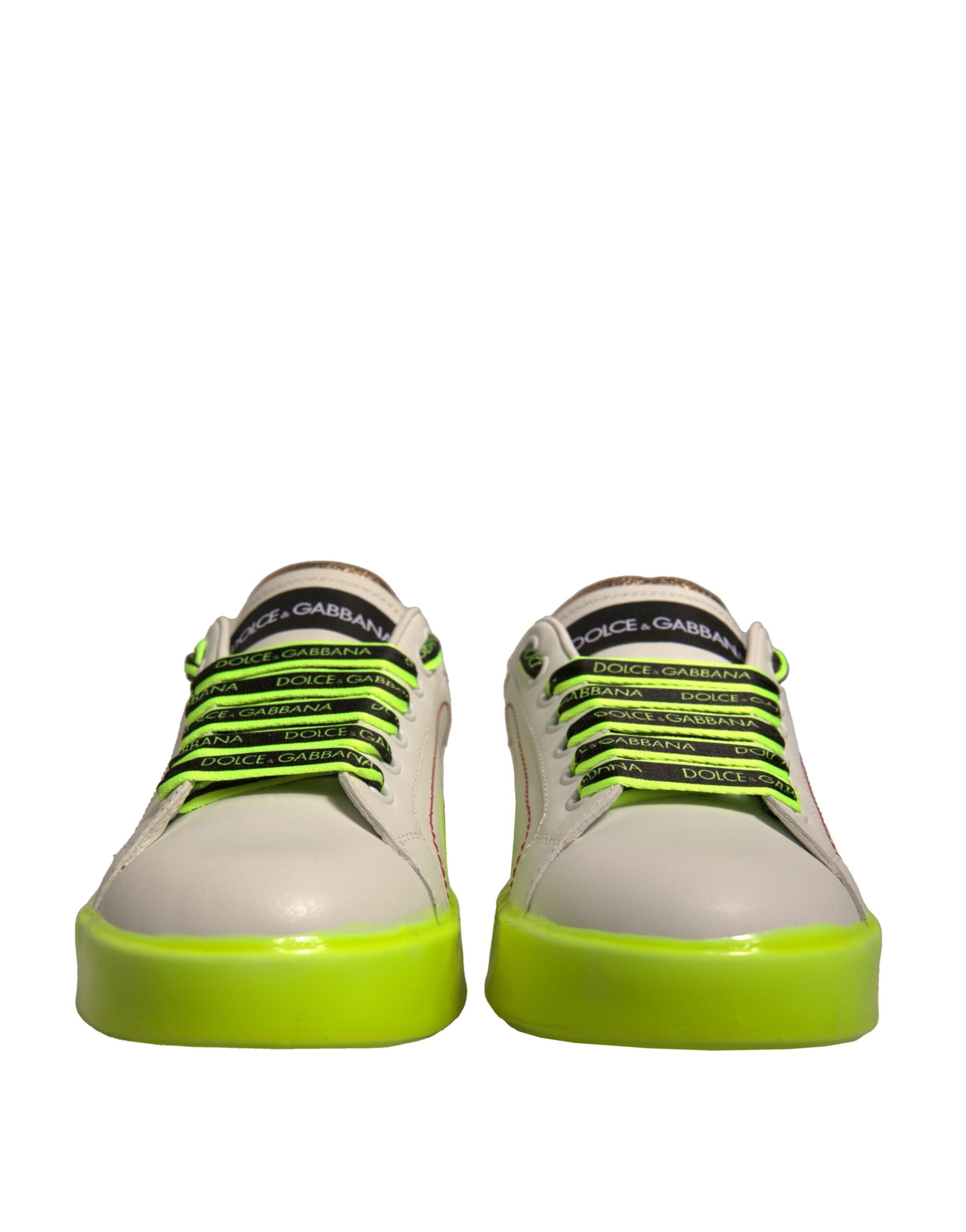Chaussures sneakers en cuir blanc et jaune Portofino de Dolce & Gabbana, vue de face.